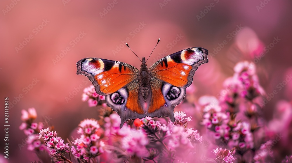Obraz premium Butterfly on plant with pink flowers, close-up, blurred background