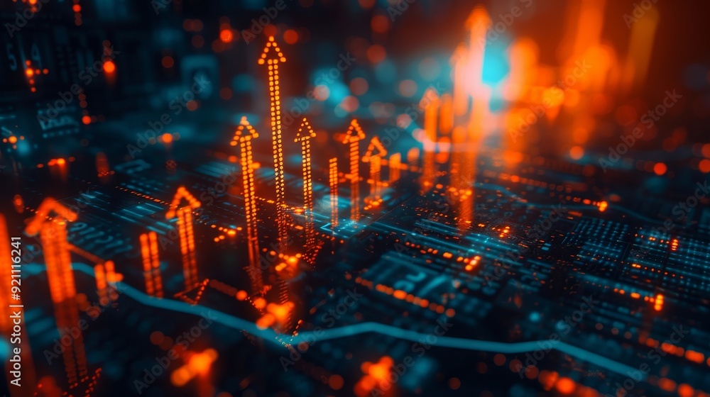 Fototapeta premium Financial Growth Concept with Upward Arrows and Detailed Candlestick Chart Background