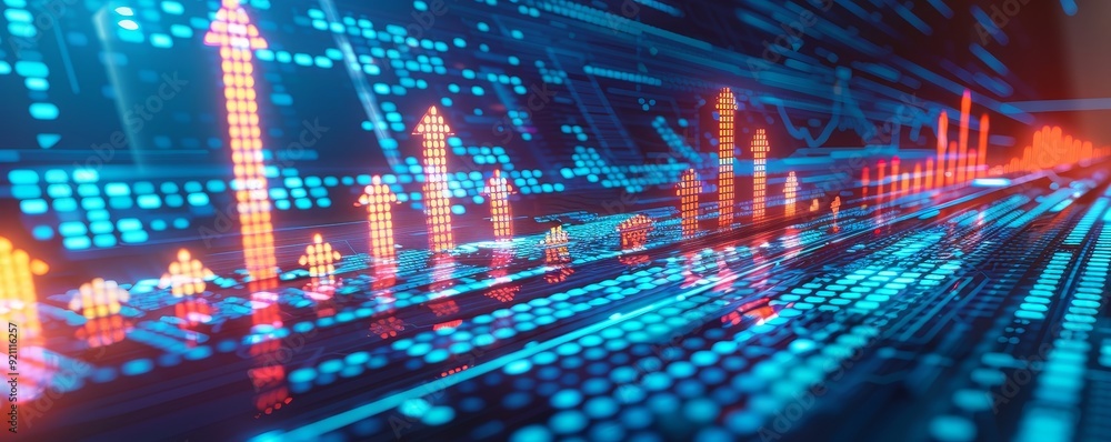 Financial Success Concept: Stock Market Background with Upward Arrows and Dynamic Candlestick Chart