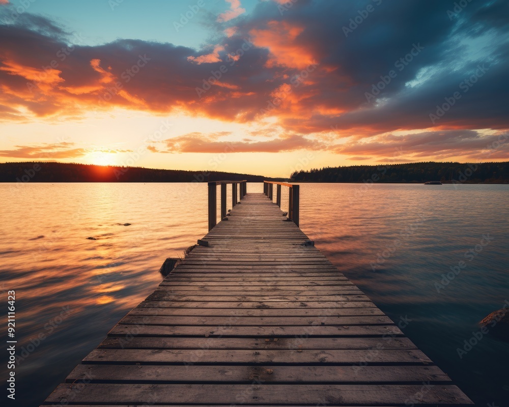 A serene wooden pier extends into a tranquil lake at sunset, surrounded by colorful clouds. A serene wooden pier extends into a tranquil lake at sunset, surrounded by colorful clouds.