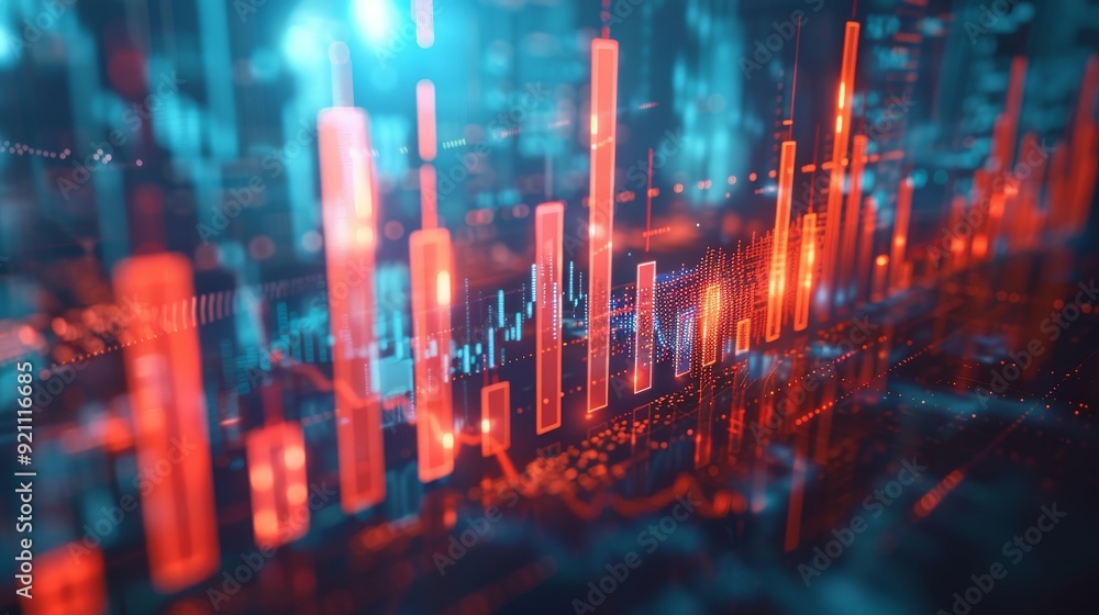 Fototapeta premium Financial Growth and Market Analysis Concept with Upward Arrows and Candlestick Chart Detail