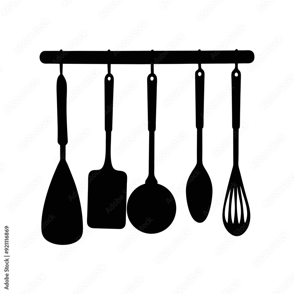 Kitchen utensils, hook strip black and white silhouette Kitchen utensils, hook strip black and white silhouette