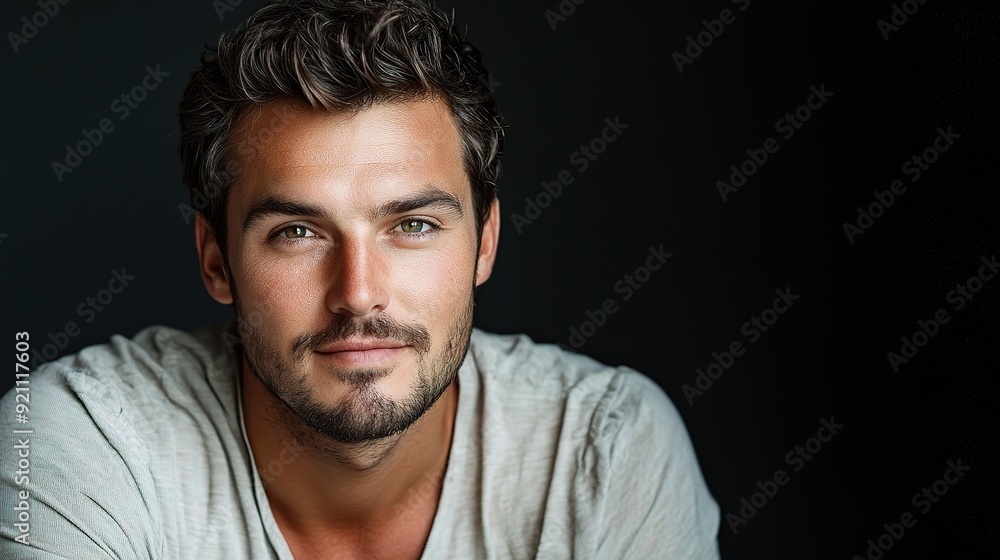 Confident Gaze: A handsome young man with piercing blue eyes and a charming smile exudes confidence against a dark background. Confident Gaze: A handsome young man with piercing blue eyes and a charming smile exudes confidence against a dark background.