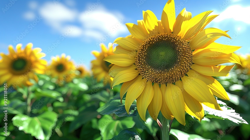 Obraz premium A sunflower stands tall amidst a sea of sunflowers, with a clear blue sky and fluffy white clouds overhead