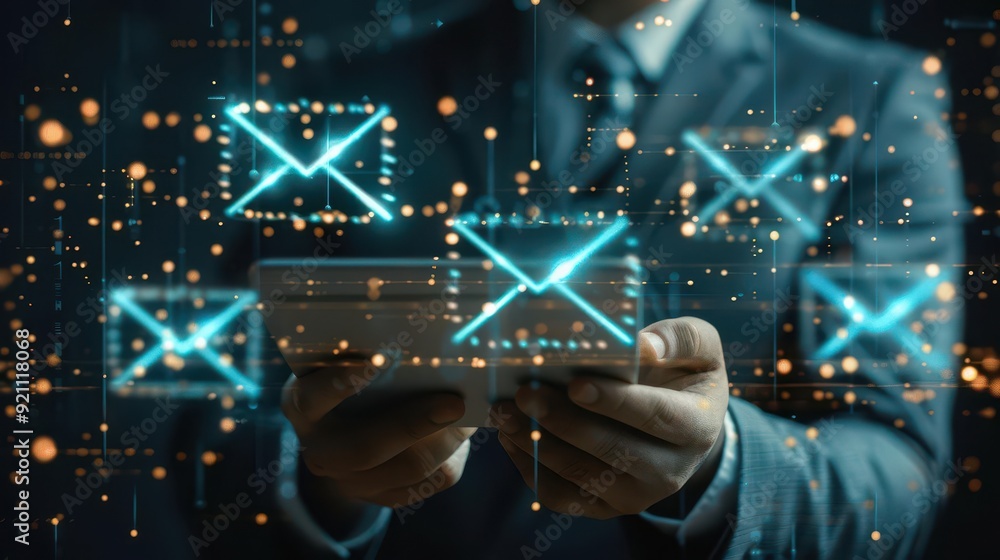 Businessman using tablet with digital email icons. Concept of email communication, technology, and modern business. Businessman using tablet with digital email icons. Concept of email communication, technology, and modern business.