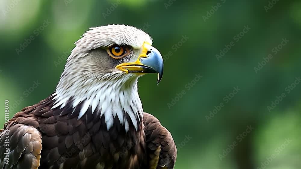 Majestic eagle is captured in profile, its intense gaze and sharp beak conveying power and focus against a blurred green background Majestic eagle is captured in profile, its intense gaze and sharp beak conveying power and focus against a blurred green background