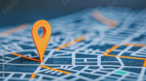 Close-up of a map with an orange location marker, representing navigation, travel planning, and geographical location pinpointing.