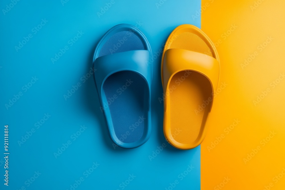 Top view of a pair of slippers and fluffy home shoes on a colored background Top view of a pair of slippers and fluffy home shoes on a colored background