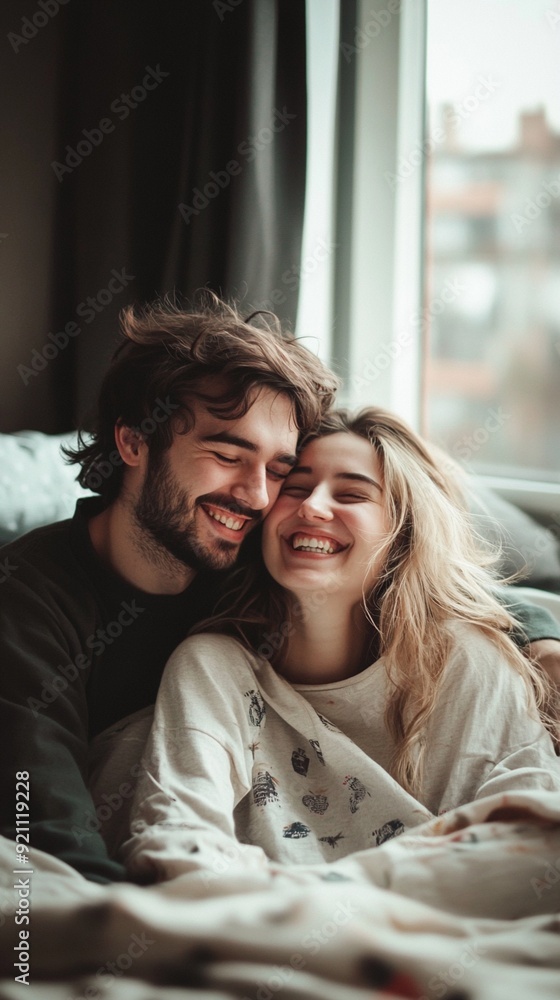 Intimate moment captured by the window: a couple shares genuine laughter and warmth, their faces close, wrapped in cozy sweaters on a soft bed. Intimate moment captured by the window: a couple shares genuine laughter and warmth, their faces close, wrapped in cozy sweaters on a soft bed.