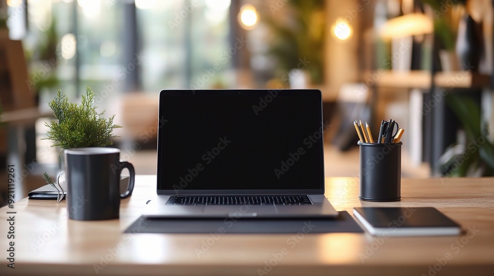 Ready for Inspiration: A sleek laptop with a blank screen takes center stage on a modern workspace, bathed in the warm glow of ambient light, inviting creativity and productivity. Ready for Inspiration: A sleek laptop with a blank screen takes center stage on a modern workspace, bathed in the warm glow of ambient light, inviting creativity and productivity.