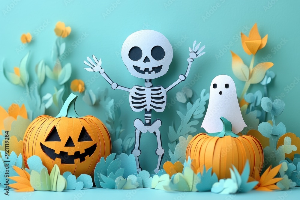 Stylish Paper Art Dancing Skeleton with Pumpkin and Ghost Stylish Paper Art Dancing Skeleton with Pumpkin and Ghost