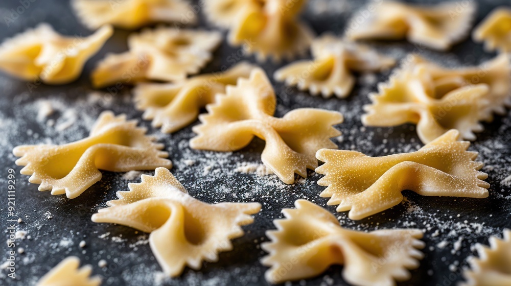 A black surface is adorned with raw pasta shells and sprinkles A black surface is adorned with raw pasta shells and sprinkles