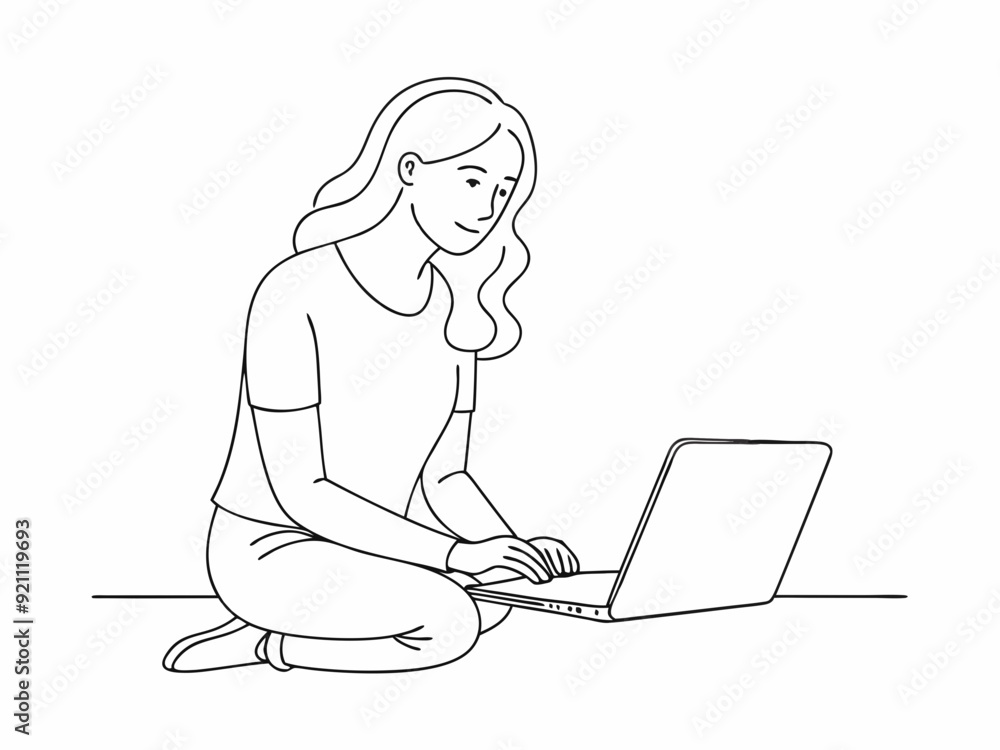 continuous single line drawing of woman using laptop computer, line art vector illustration
continuous single line drawing of woman using laptop computer, line art vector illustration