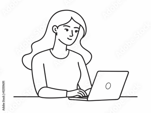continuous single line drawing of woman using laptop computer, line art vector illustration
