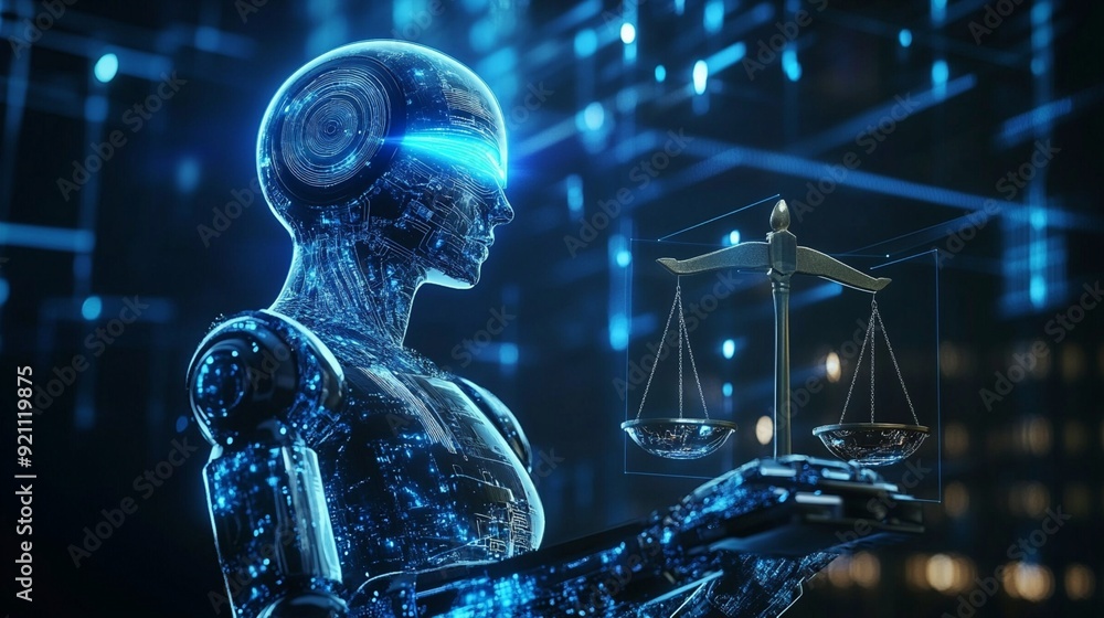 Futuristic AI robot holding scales of justice, symbolizing the intersection of artificial intelligence and law in a digital blue environment. Futuristic AI robot holding scales of justice, symbolizing the intersection of artificial intelligence and law in a digital blue environment.