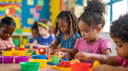 Young children, focused, playing with colorful toys, in a vibrant kindergarten classroom, creating a joyful, and educational atmosphere, promoting creativity, and learning.