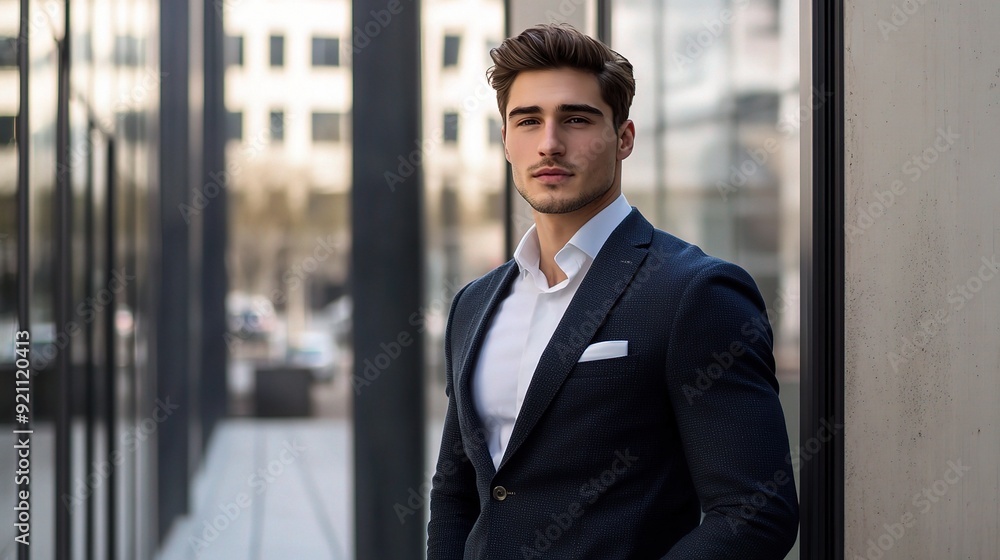 Urban Executive Confidence: A young, stylish businessman in a sharp suit stands confidently against a modern city backdrop. Urban Executive Confidence: A young, stylish businessman in a sharp suit stands confidently against a modern city backdrop.