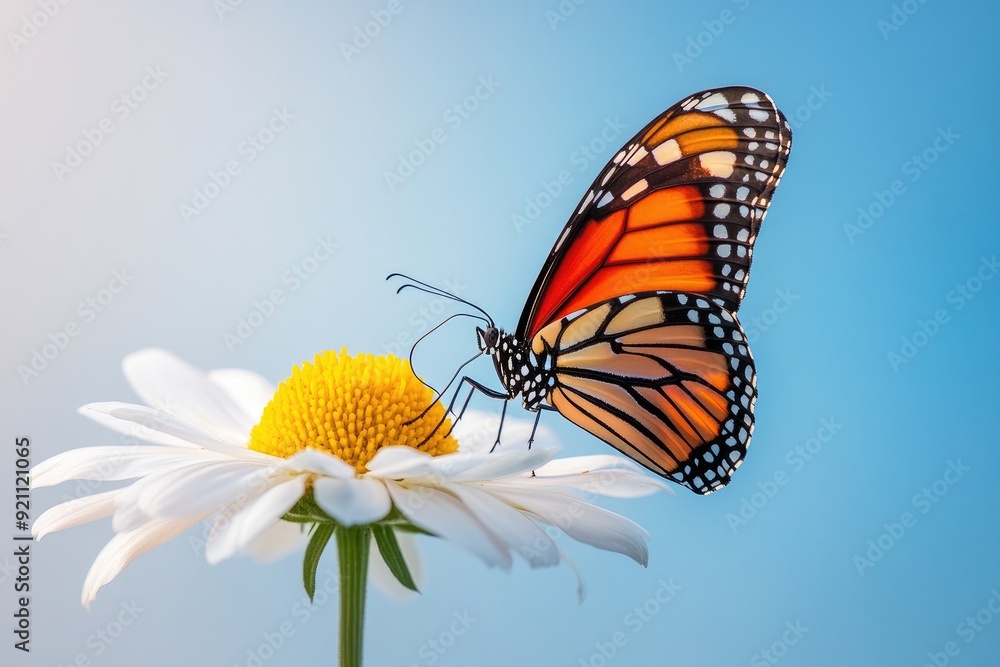 Fototapeta premium A vibrant orange butterfly perched on a delicate white daisy against a soft blue background, capturing nature's beauty.