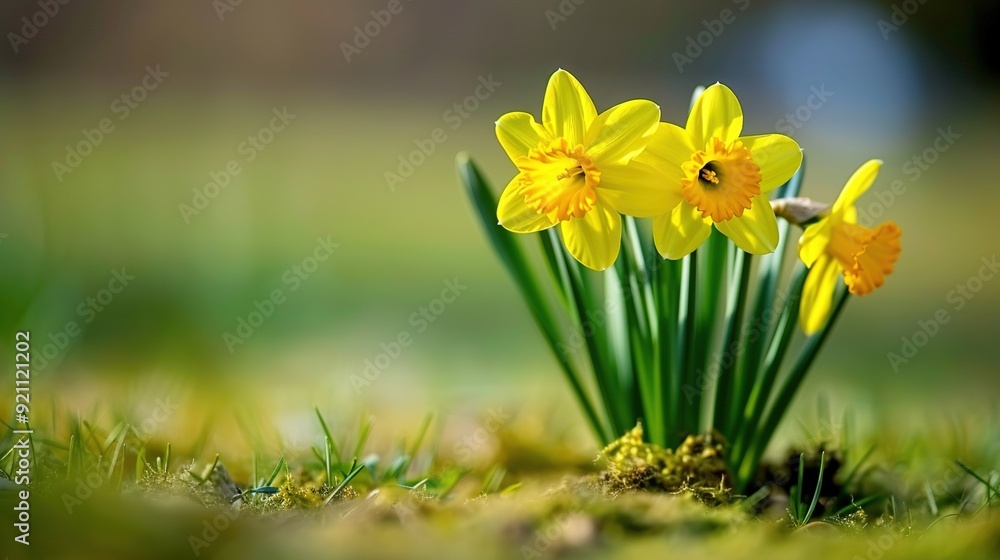Fototapeta premium A yellow daffodil cluster blooms amidst emerald grass, field centerpiece