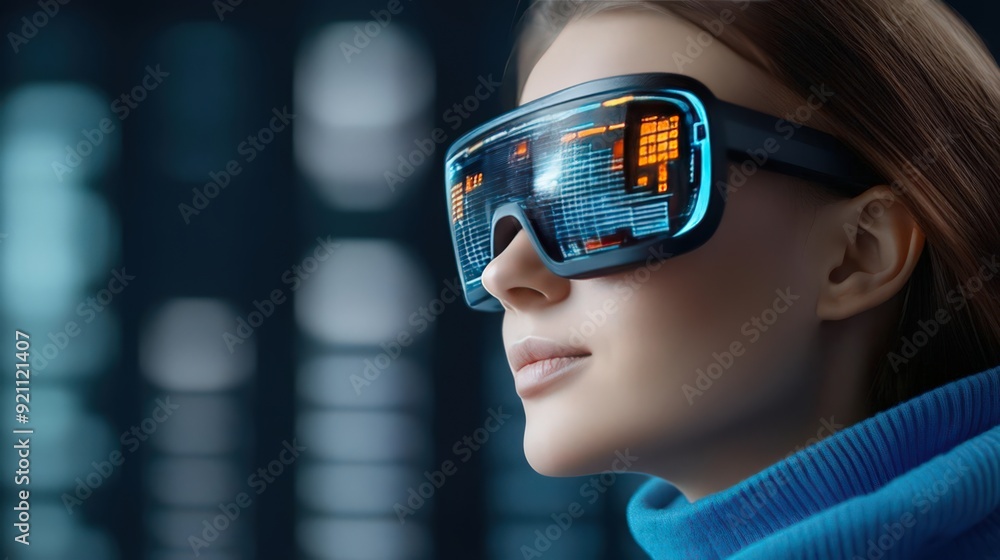 A young woman wearing futuristic VR glasses, immersed in a digital world of technology and innovation. A young woman wearing futuristic VR glasses, immersed in a digital world of technology and innovation.