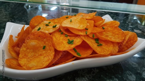 Close-up of crispy, flavorful potato chips garnished with fresh chives in a white bowl. Ideal for snack time or finger food presentations. photo