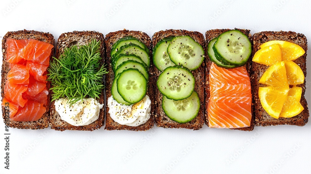 A collection of bread slices topped with cucumber, salmon, cheese, and dill A collection of bread slices topped with cucumber, salmon, cheese, and dill