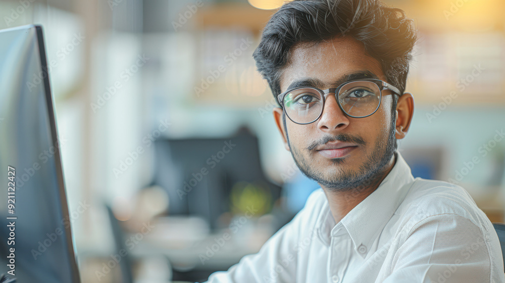 A man wearing glasses is sitting in front of a computer monitor A man wearing glasses is sitting in front of a computer monitor