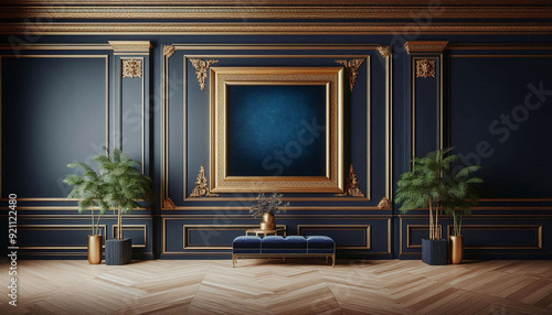 Wallpaper Mural A luxurious art museum with silk navy velvet wallpaper. There is a gold frame square art frame on the wall. Generative AI. Torontodigital.ca