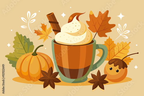 A vector illustration of a pumpkin spice latte with cinnamon sticks and fall leaves, ideal for cozy autumn-themed projects