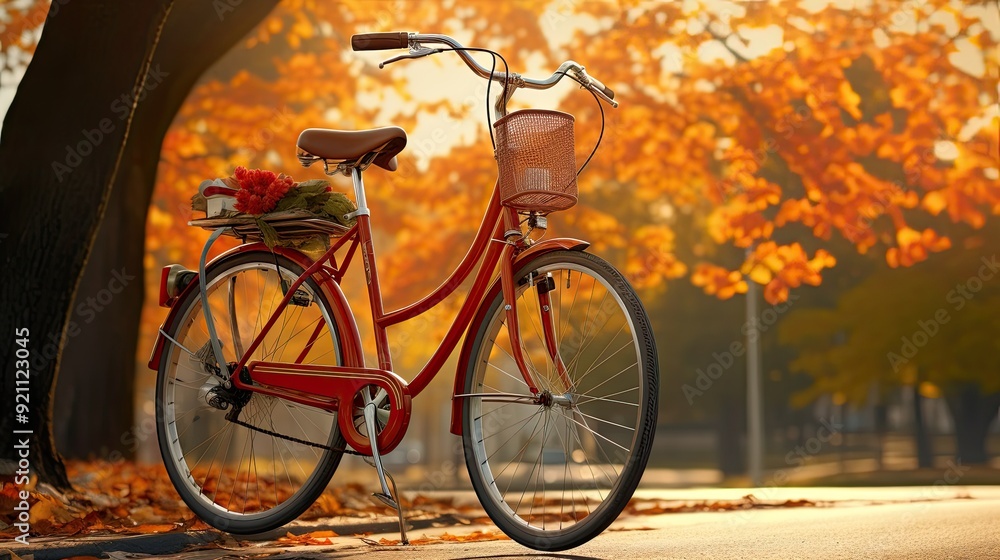 Fototapeta premium A vintage bicycle parked on a road surrounded by autumn leaves.