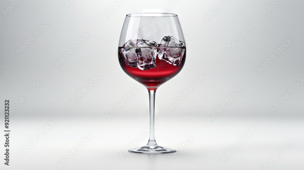 A red wine glass filled with ice cubes resting on a white table against a gray backdrop A red wine glass filled with ice cubes resting on a white table against a gray backdrop