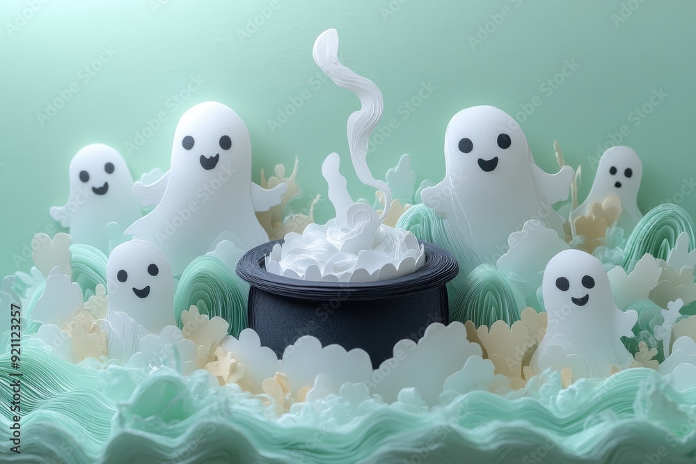 Minimalistic Halloween Paper Art with Bubbling Cauldron and Ghosts Minimalistic Halloween Paper Art with Bubbling Cauldron and Ghosts