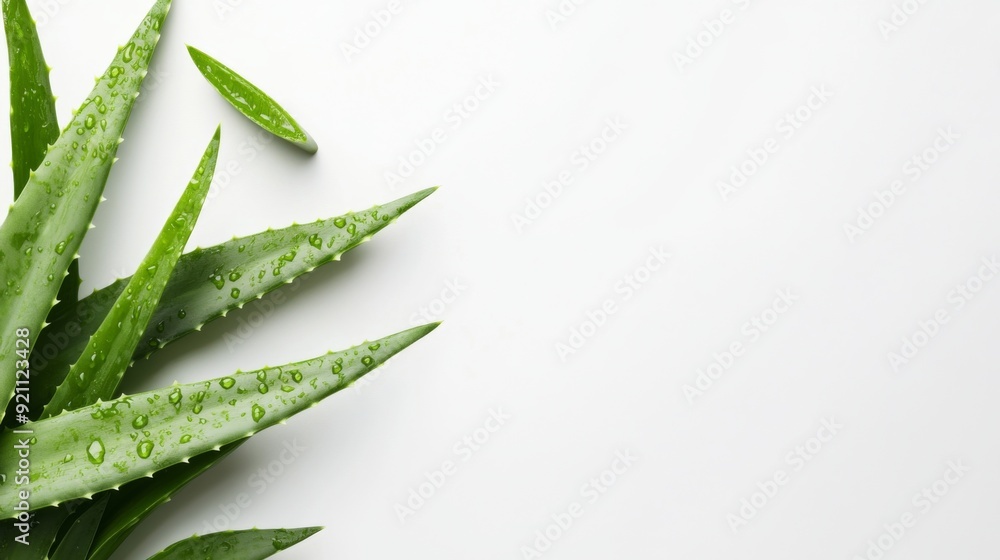 Fresh Aloe Vera leaves isolated on white background closeup and space for text. Natural treatment Fresh Aloe Vera leaves isolated on white background closeup and space for text. Natural treatment