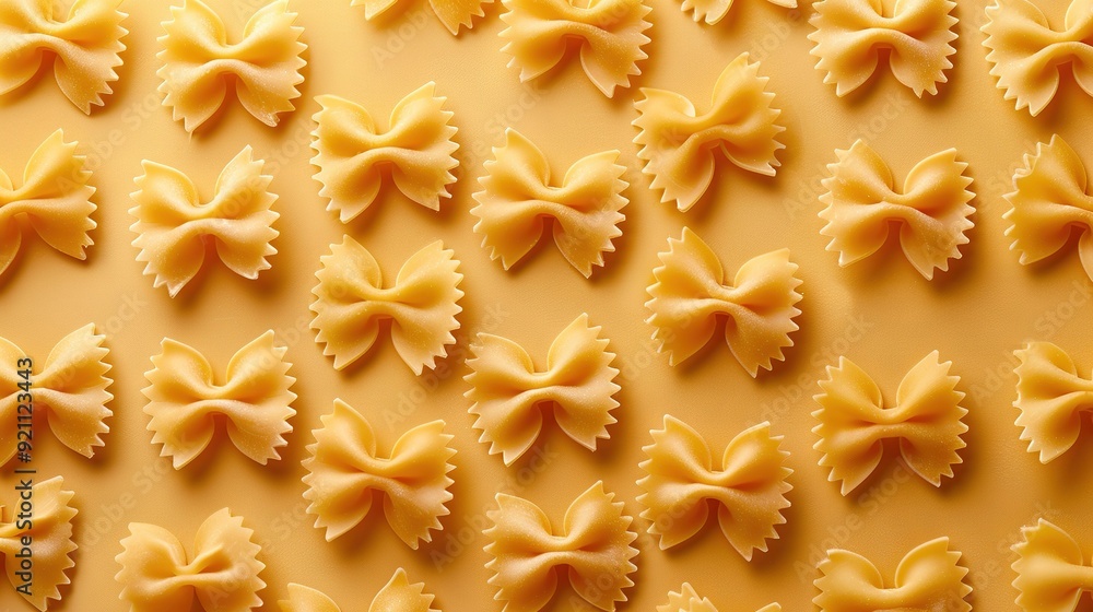 A yellow plate displays bow-shaped pasta noodles in the center, surrounded by a pattern of smaller bow-shaped noodles on its sides A yellow plate displays bow-shaped pasta noodles in the center, surrounded by a pattern of smaller bow-shaped noodles on its sides