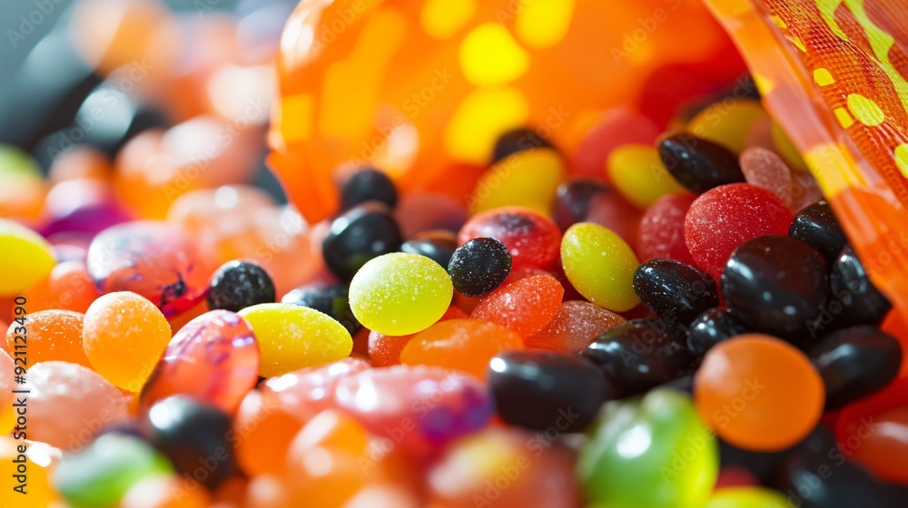 A close up of colorful Halloween candies spilling out of a trick-or-treat bag, with vibrant orange and black hues A close up of colorful Halloween candies spilling out of a trick-or-treat bag, with vibrant orange and black hues