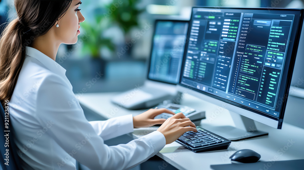 Professional woman working on computer monitors displaying data analytics in a modern office environment. Professional woman working on computer monitors displaying data analytics in a modern office environment.