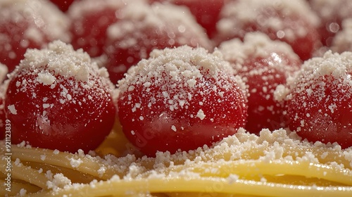   Close-up of cheesy macaroni with powdered sugar on top shells photo