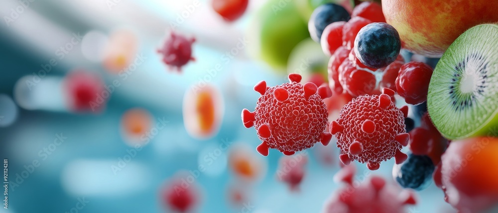 Viruses and colorful fruits on a blue background, close-up macro view Viruses and colorful fruits on a blue background, close-up macro view