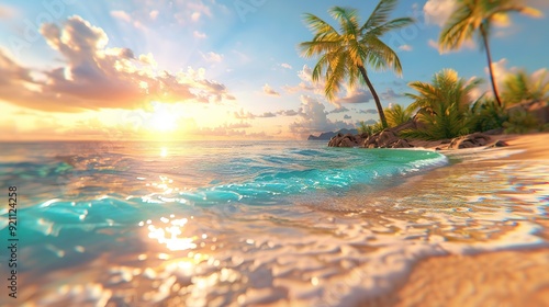  A stunning beach scene with palm trees and bright sun shining above the blue water