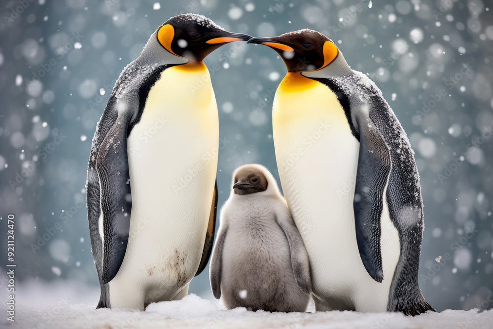Fototapeta premium Tender Moments in the Snow a Close-Up of King Penguin Embracing in Their Winter Habitat