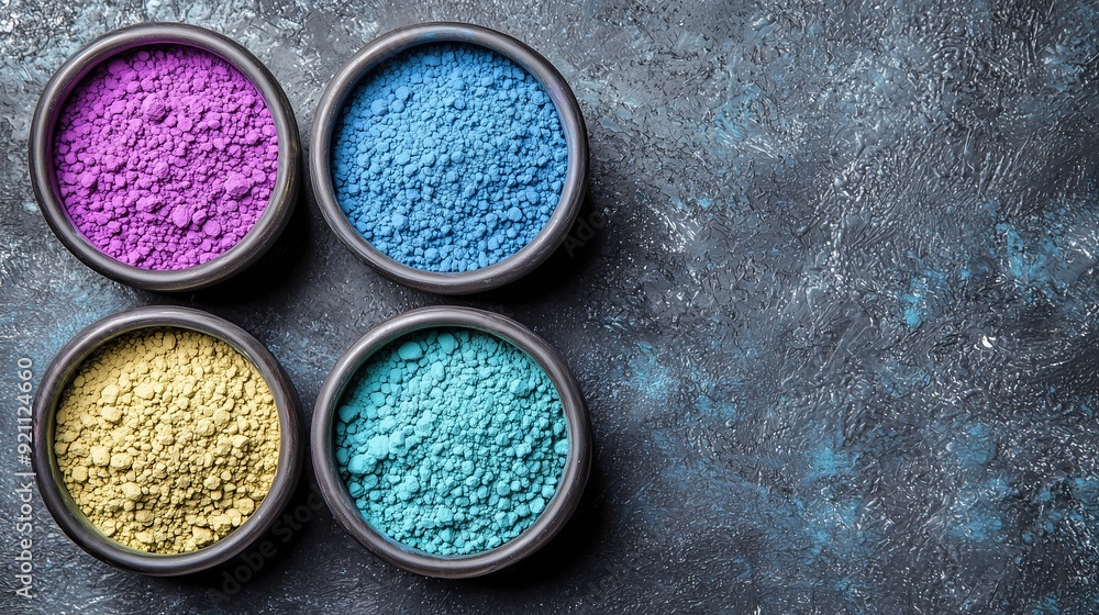 Four bowls of colorful powder pigments on textured dark background Four bowls of colorful powder pigments on textured dark background