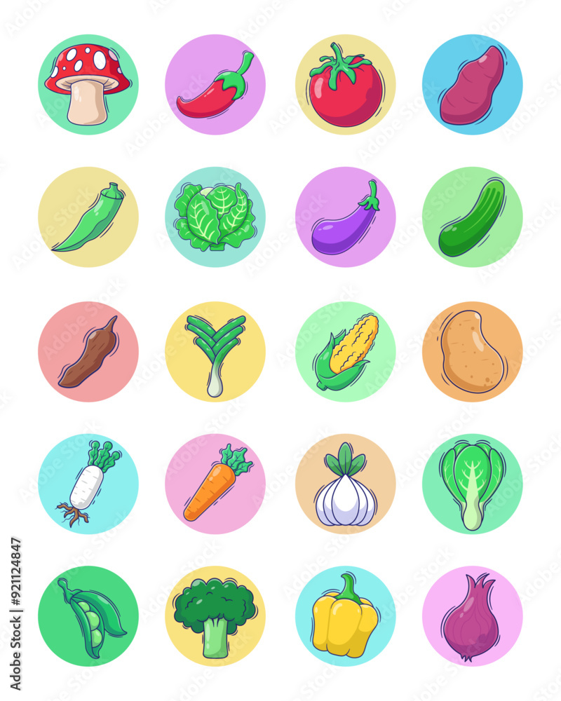 Flat cartoon vector of vegetables collection. Set of fresh vegetables in a cartoon style Flat cartoon vector of vegetables collection. Set of fresh vegetables in a cartoon style