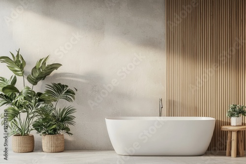 A modern bathroom featuring a sleek white bathtub, wooden accent wall, and lush greenery, creating a tranquil atmosphere.