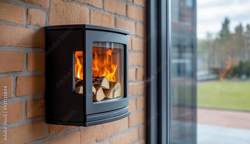 Wood burning stove with firewood in front of a brick wall and arched archway Wood burning stove with firewood in front of a brick wall and arched archway