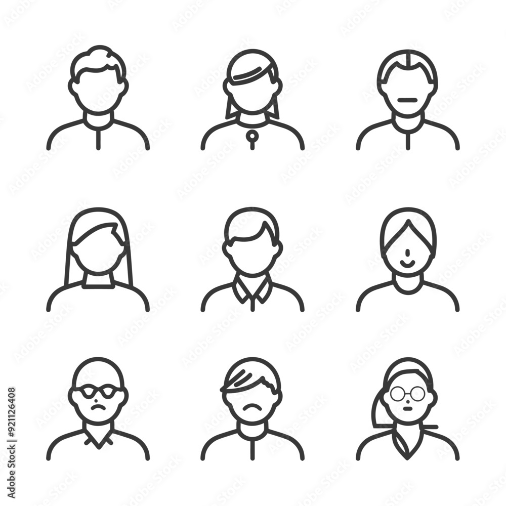Nine Line Art Illustrations of Human Head and Shoulders Nine Line Art Illustrations of Human Head and Shoulders