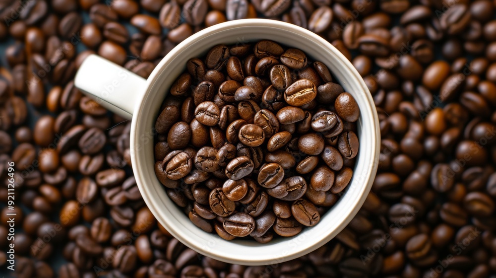 Fill a cup to the brim with rich, aromatic coffee beans, set against a clean background. Fill a cup to the brim with rich, aromatic coffee beans, set against a clean background.