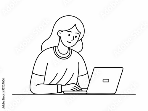 continuous single line drawing of female student using laptop computer, line art vector illustration 