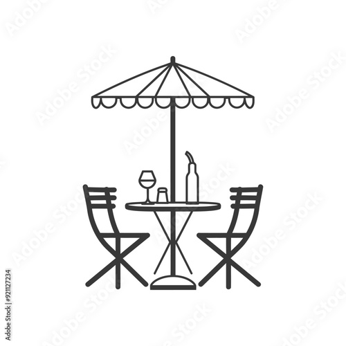 Outdoor dining table with umbrella, chairs, wine glass, bottle, and salt shaker