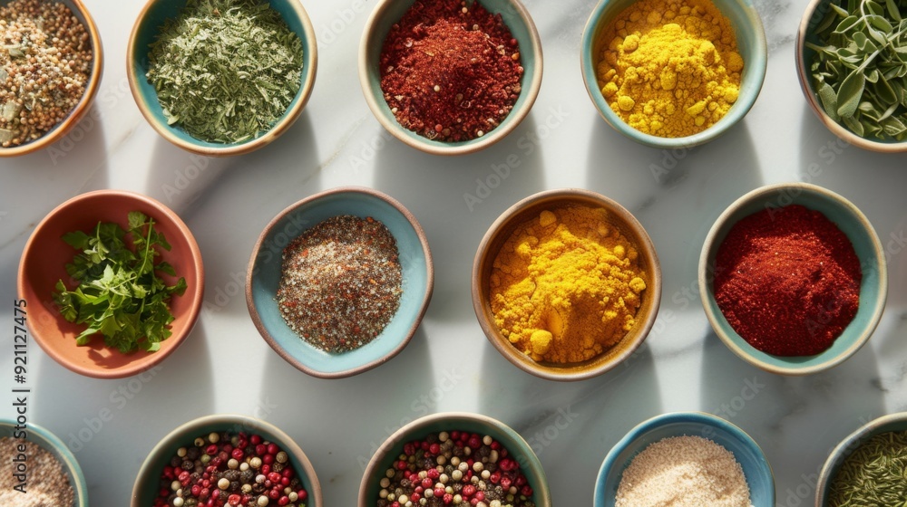 Colorful spices in small bowls on a kitchen table Colorful spices in small bowls on a kitchen table