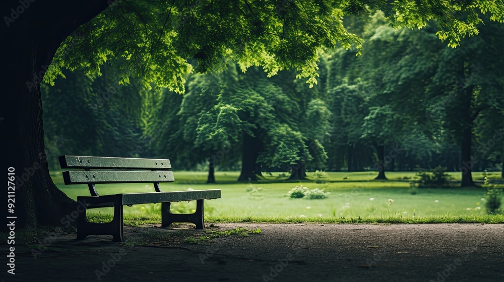 A serene park scene featuring a bench under a lush tree canopy. A serene park scene featuring a bench under a lush tree canopy.